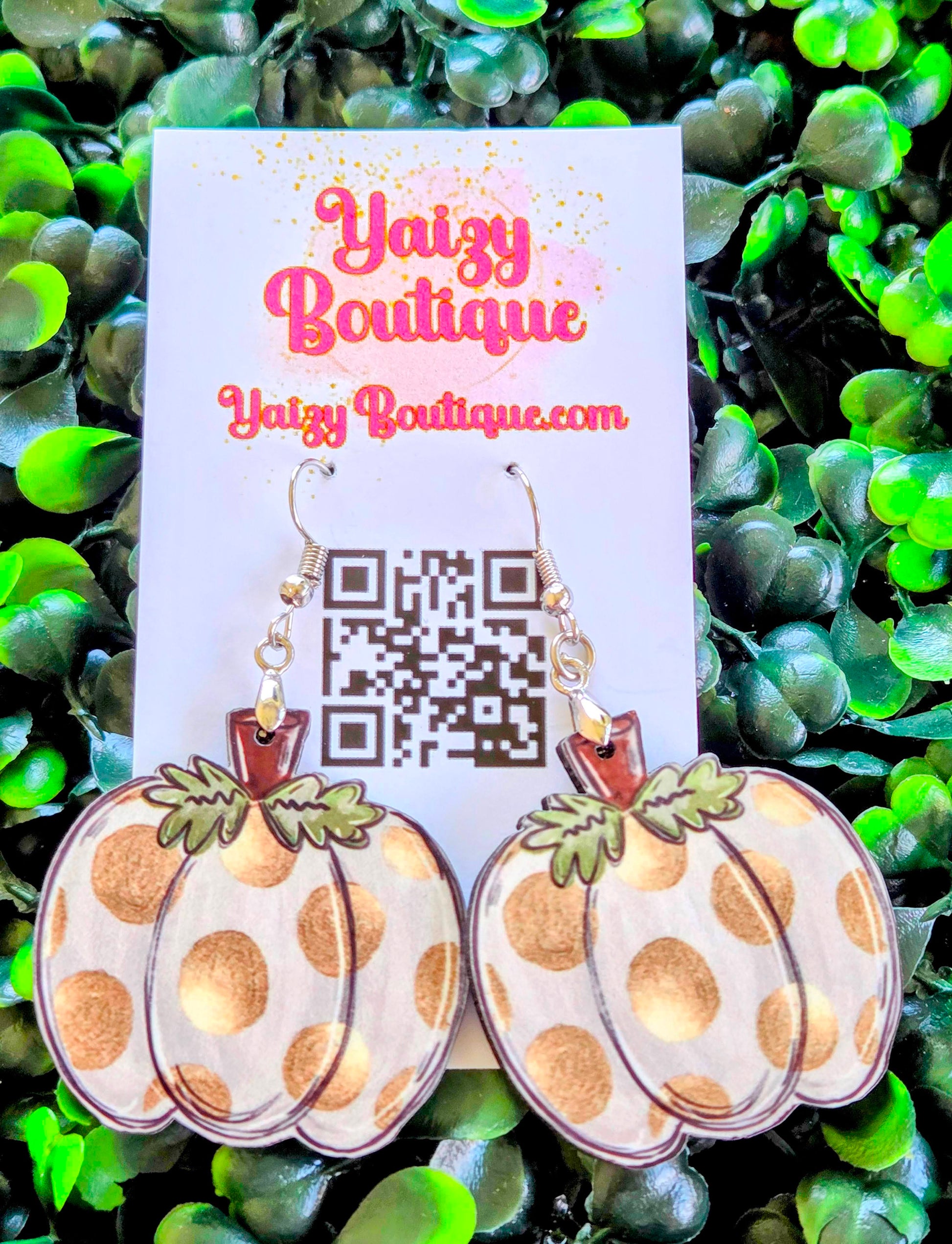 Handmade White Pumpkin Earrings with Gold Polka Dots – Fall MDF Wood Earrings Yaizy Boutique