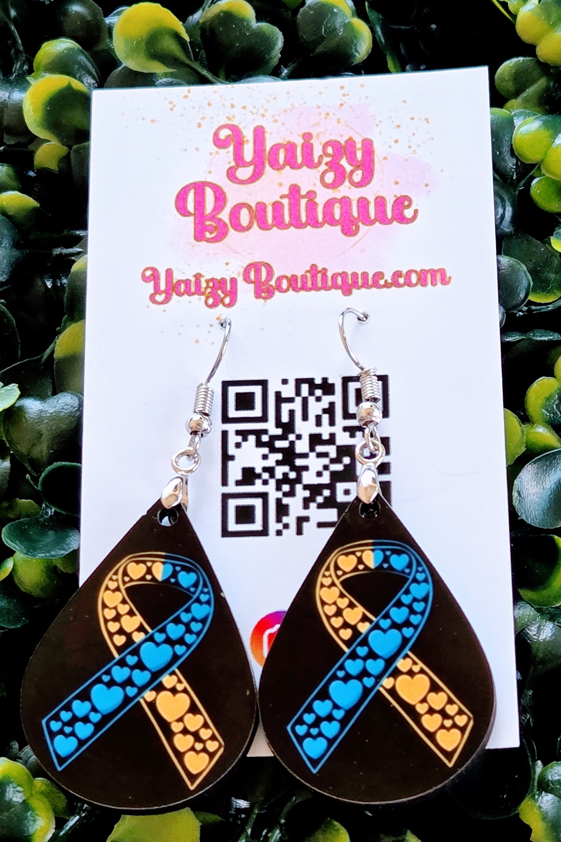 Blue & Yellow Heart Ribbon Awareness Earrings – Handmade Teardrop Design Yaizy Boutique