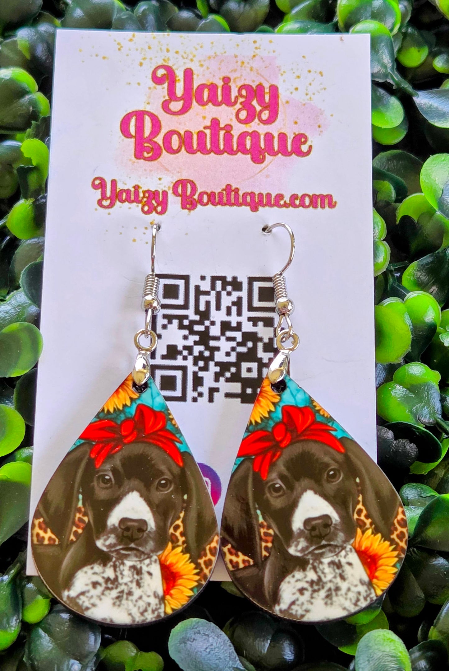 Handmade Teardrop Earrings – Black Dog with Sunflowers & Red Bow | MDF Wood Yaizy Boutique