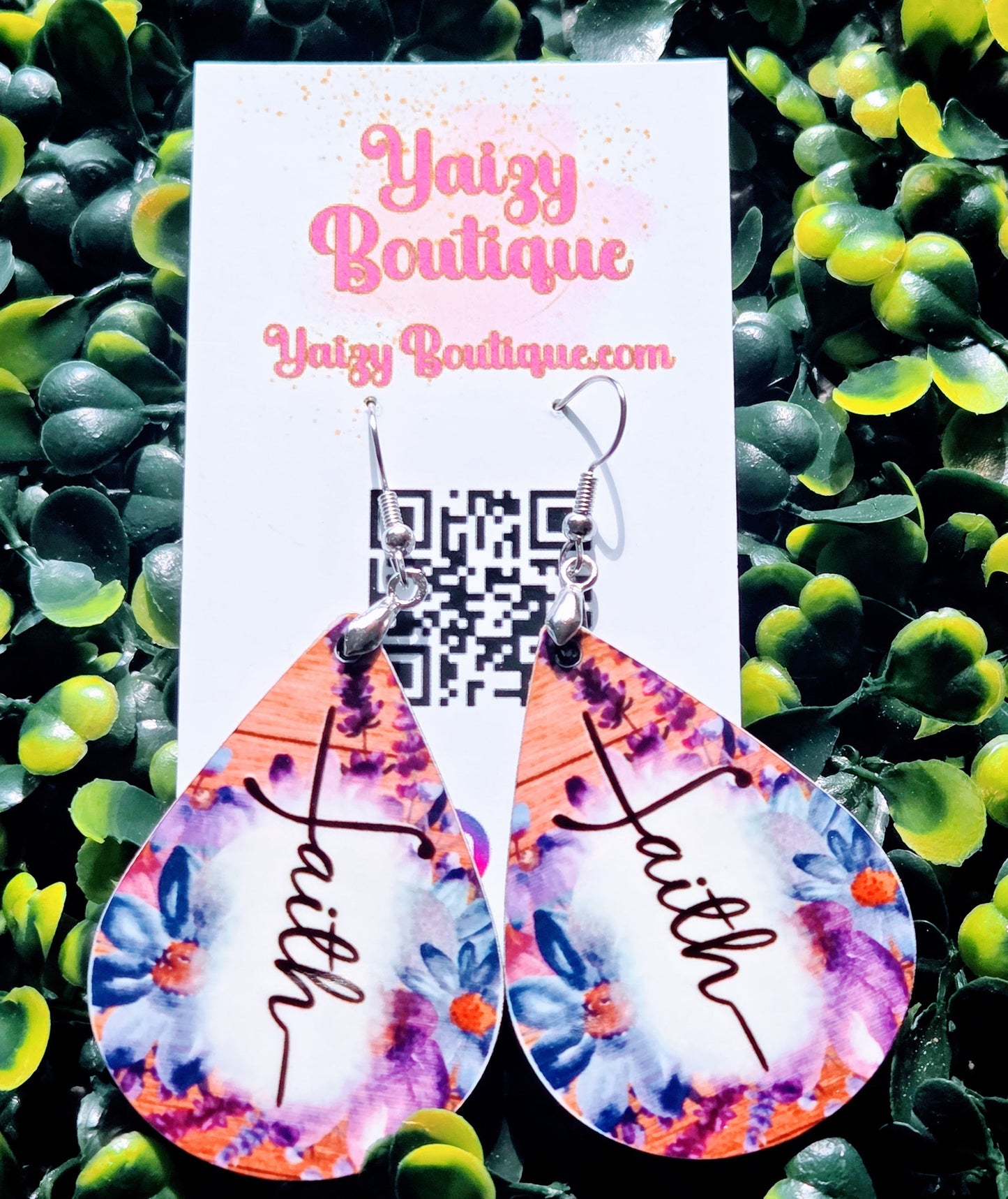 Faith Floral Teardrop Earrings – Handmade MDF Wood | Inspirational Jewelry Yaizy Boutique