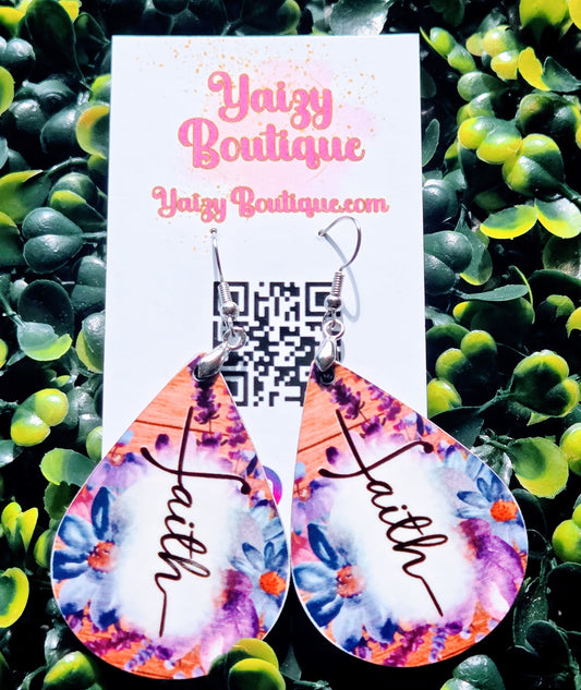 Faith Floral Teardrop Earrings – Handmade MDF Wood | Inspirational Jewelry Yaizy Boutique