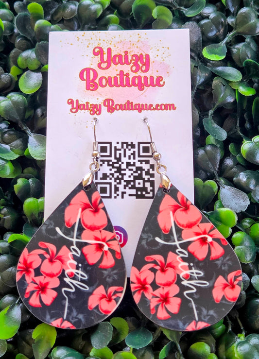 Faith Hibiscus Teardrop Earrings – Navy Blue & Red Floral Lightweight Dangle Yaizy Boutique