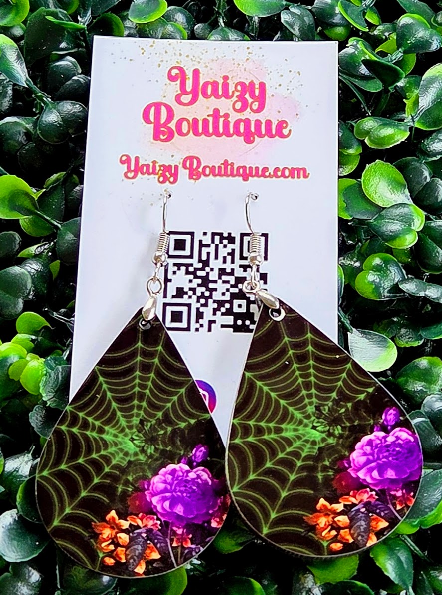 Spider Web Floral Halloween Earrings – Handmade Teardrop Statement Jewelry Yaizy Boutique