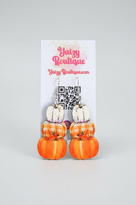 Fall Pumpkin Stack Wooden Earrings – Orange Plaid Autumn Dangle Earrings Yaizy Boutique