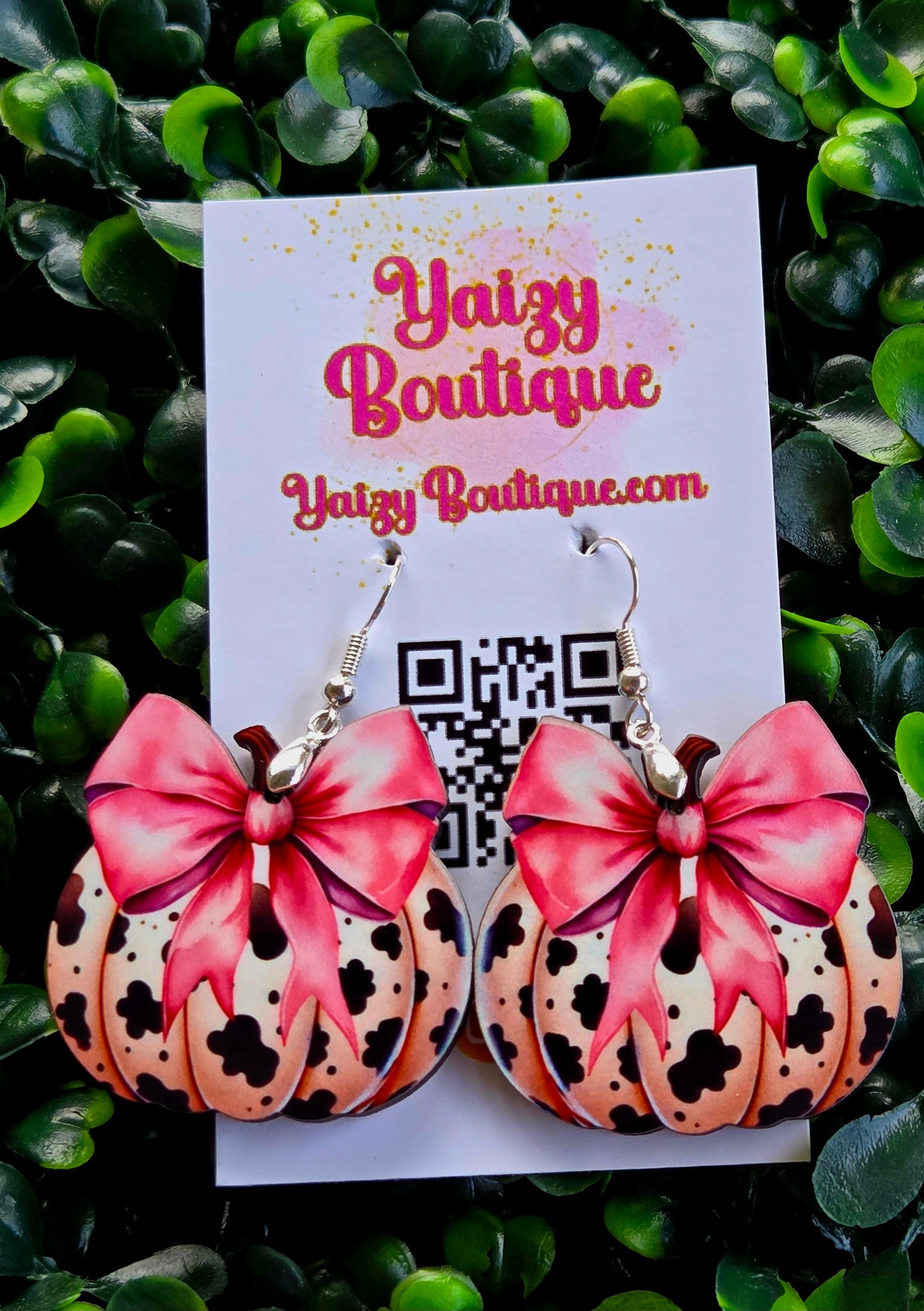 Cow Print Pumpkin Earrings with Pink Bow – Handmade Fall Statement Jewelry Yaizy Boutique