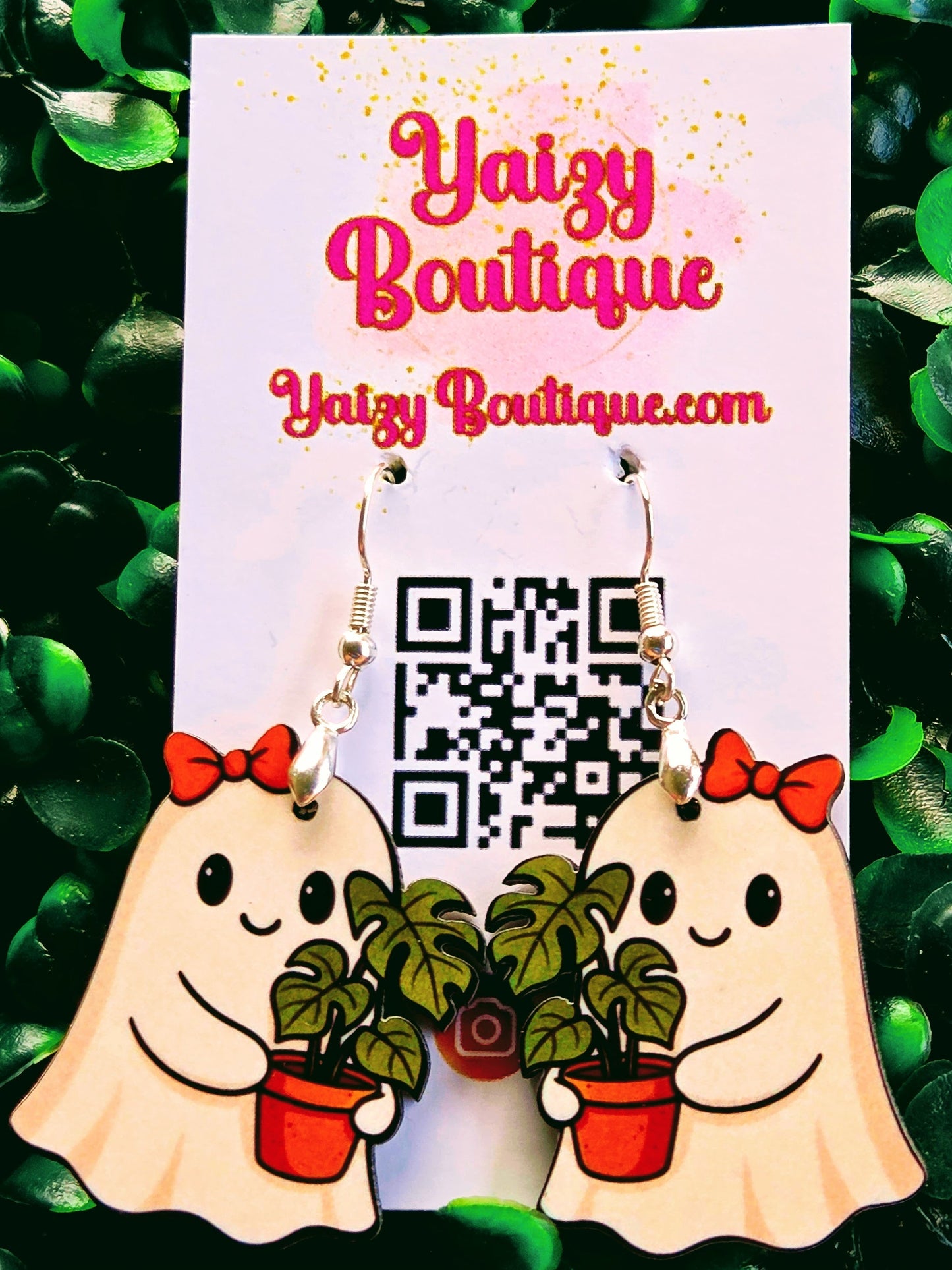 Ghost Earrings with Orange Bow & Monstera Plant – Cute Halloween Jewelry Yaizy Boutique