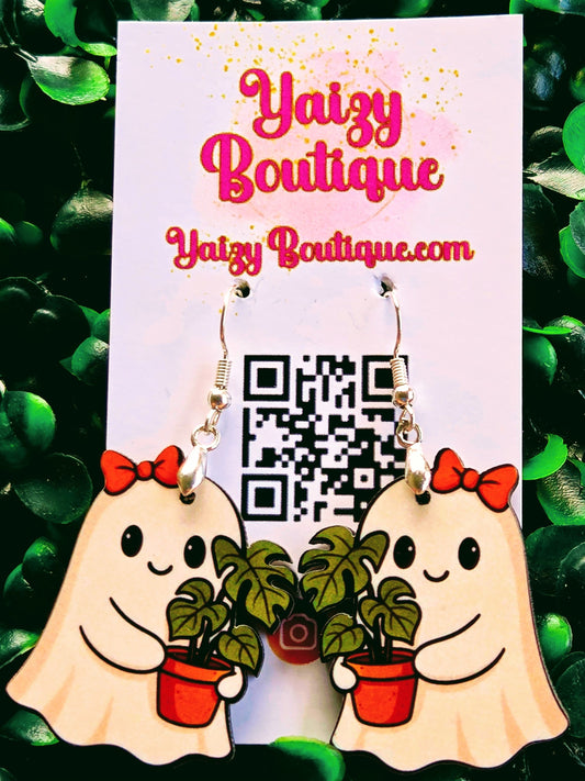 Ghost Earrings with Orange Bow & Monstera Plant – Cute Halloween Jewelry Yaizy Boutique