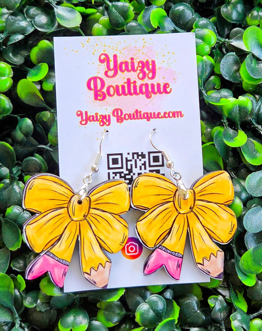 Handmade Pencil Bow Earrings – Cute Yellow & Pink Teacher Gift Yaizy Boutique