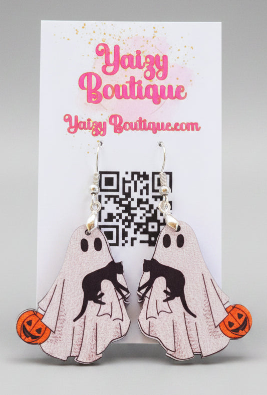 Ghost & Black Cat Halloween Earrings – Wooden Spooky Earrings Yaizy Boutique