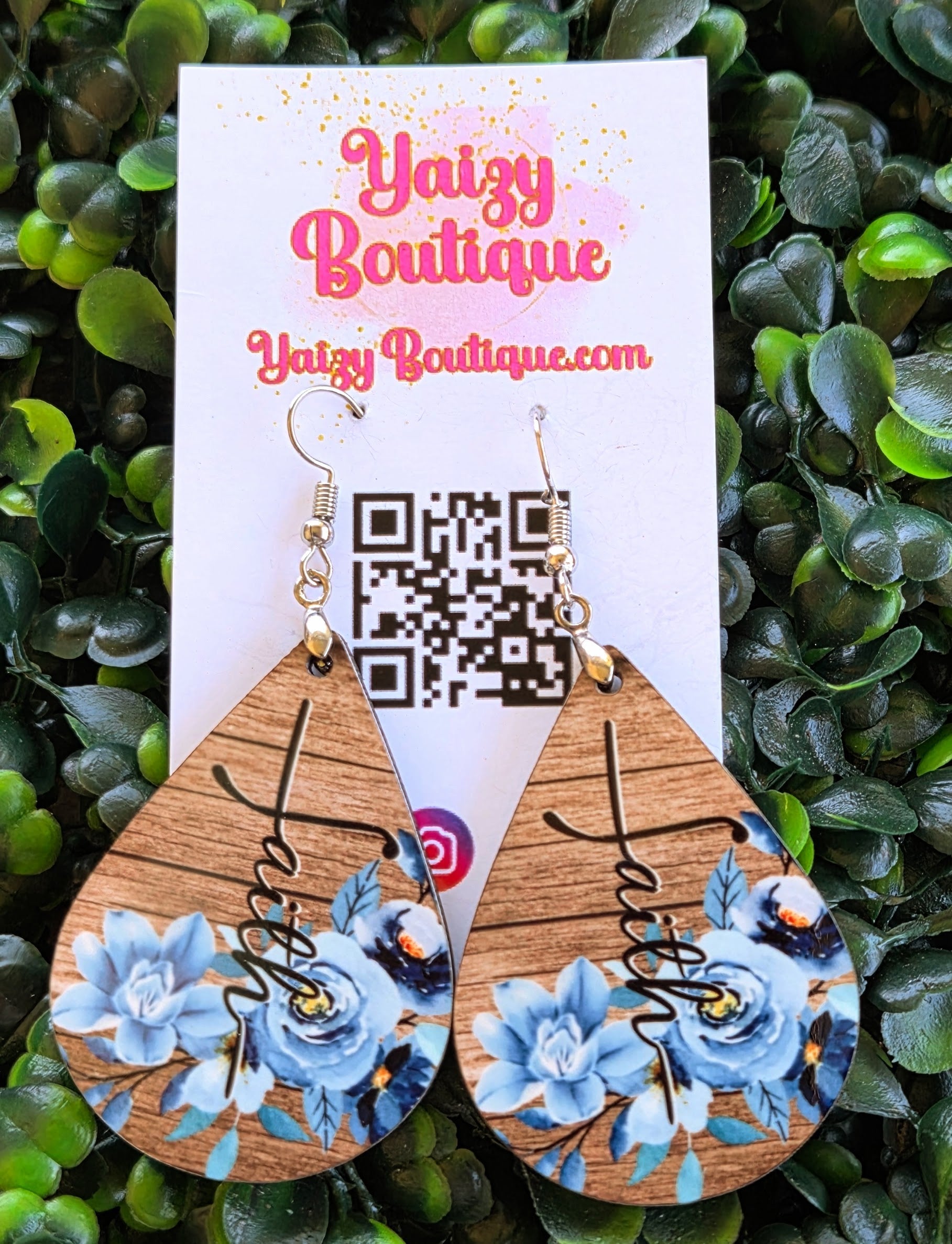 Faith Wood Teardrop Earrings – Blue Floral Christian Statement Jewelry Yaizy Boutique