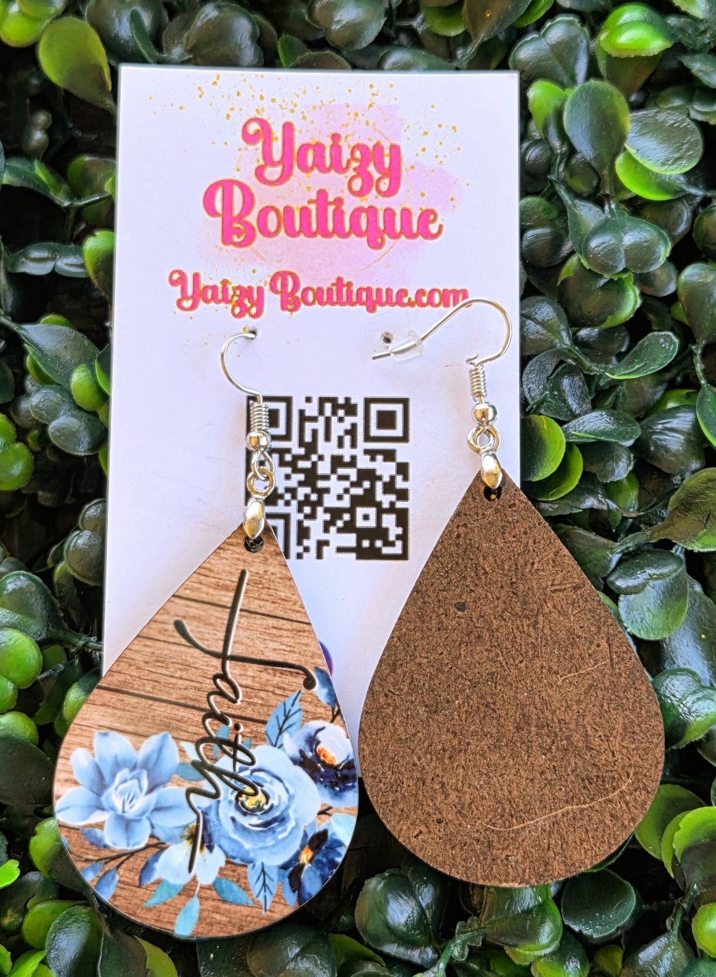 Faith Wood Teardrop Earrings – Blue Floral Christian Statement Jewelry Yaizy Boutique