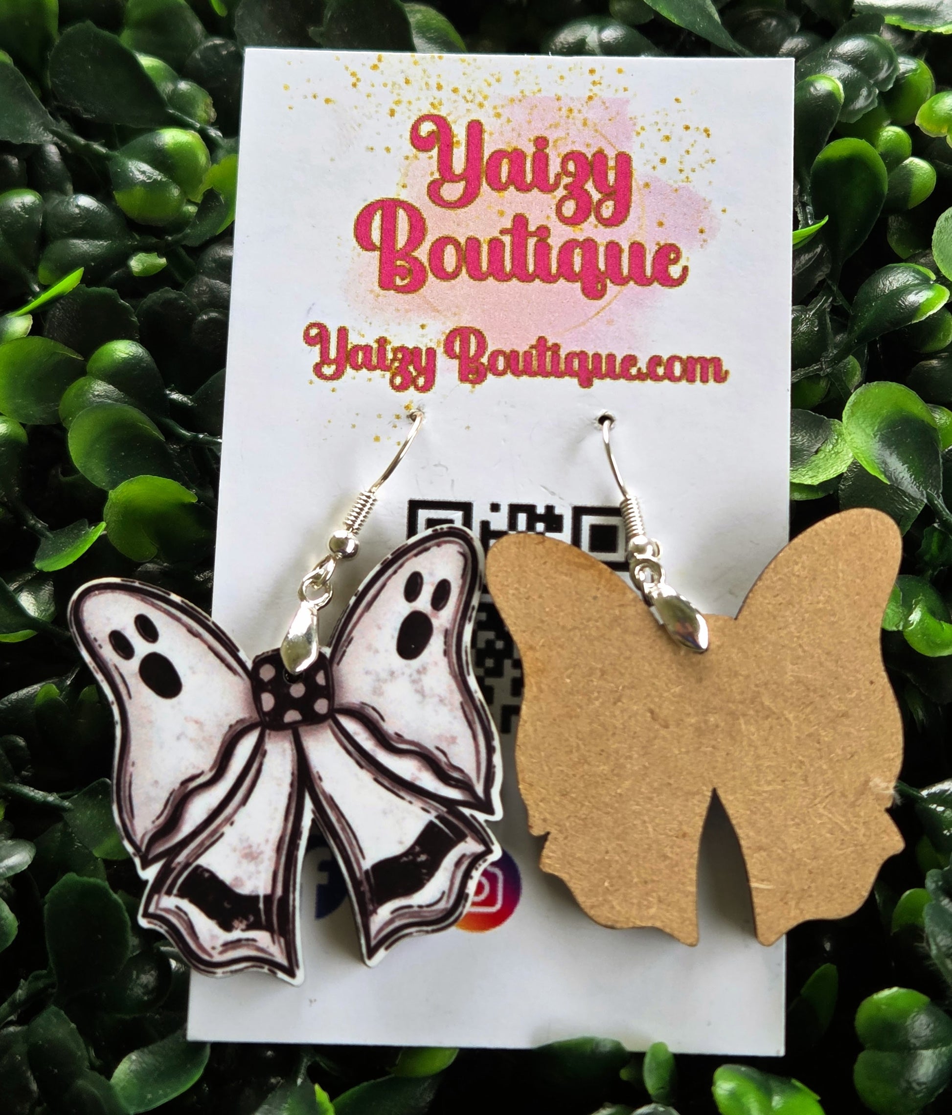 Handmade Ghost Bow Earrings | Cute Spooky Halloween Jewelry | Lightweight MDF Wood Yaizy Boutique
