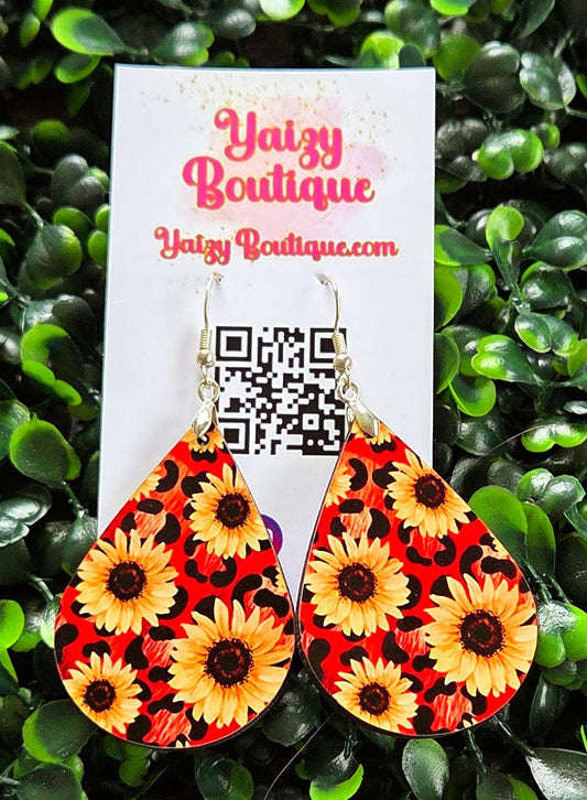 Handmade Sunflower Teardrop Earrings | Bold Red & Black Pattern | Lightweight MDF Wood Yaizy Boutique