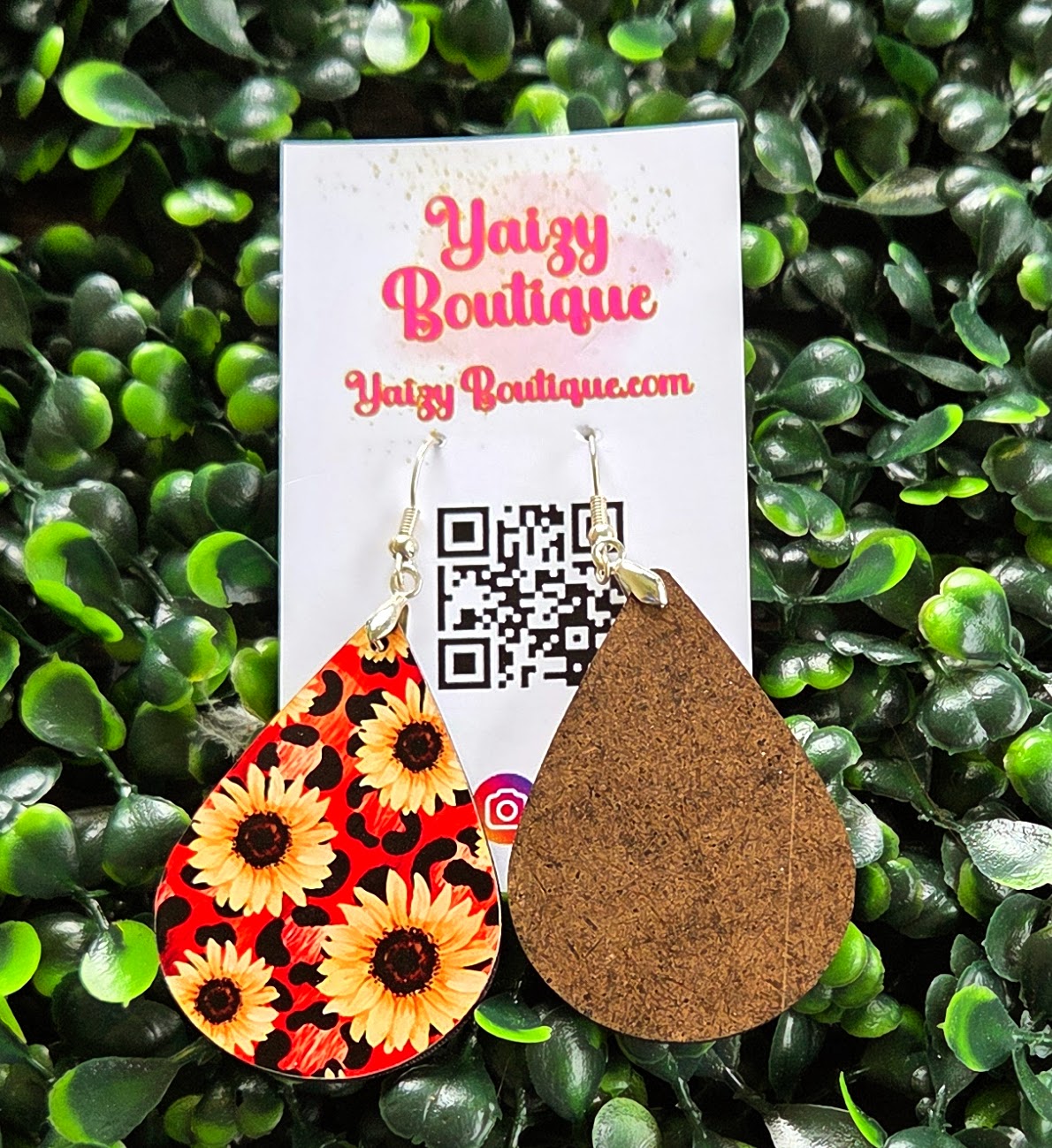 Handmade Sunflower Teardrop Earrings | Bold Red & Black Pattern | Lightweight MDF Wood Yaizy Boutique