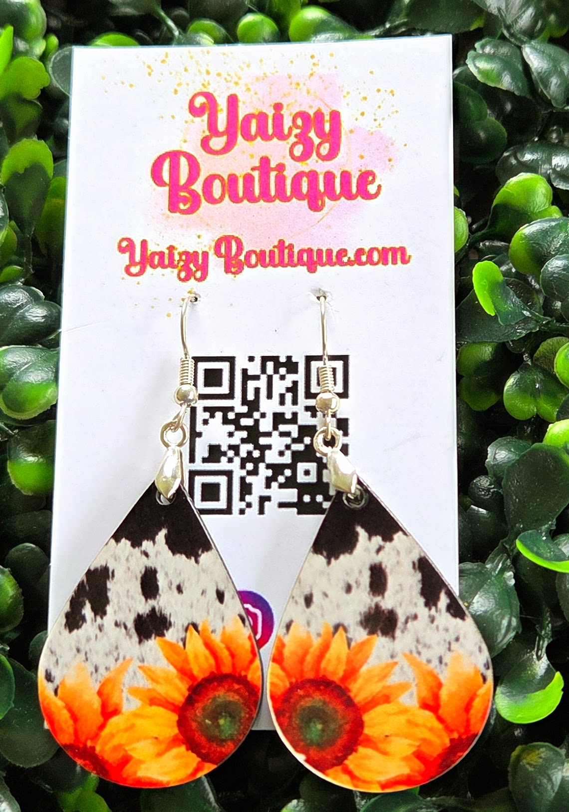 Handmade Sunflower & Cow Print Teardrop Earrings – MDF Wood, Nickel-Free Hooks Yaizy Boutique