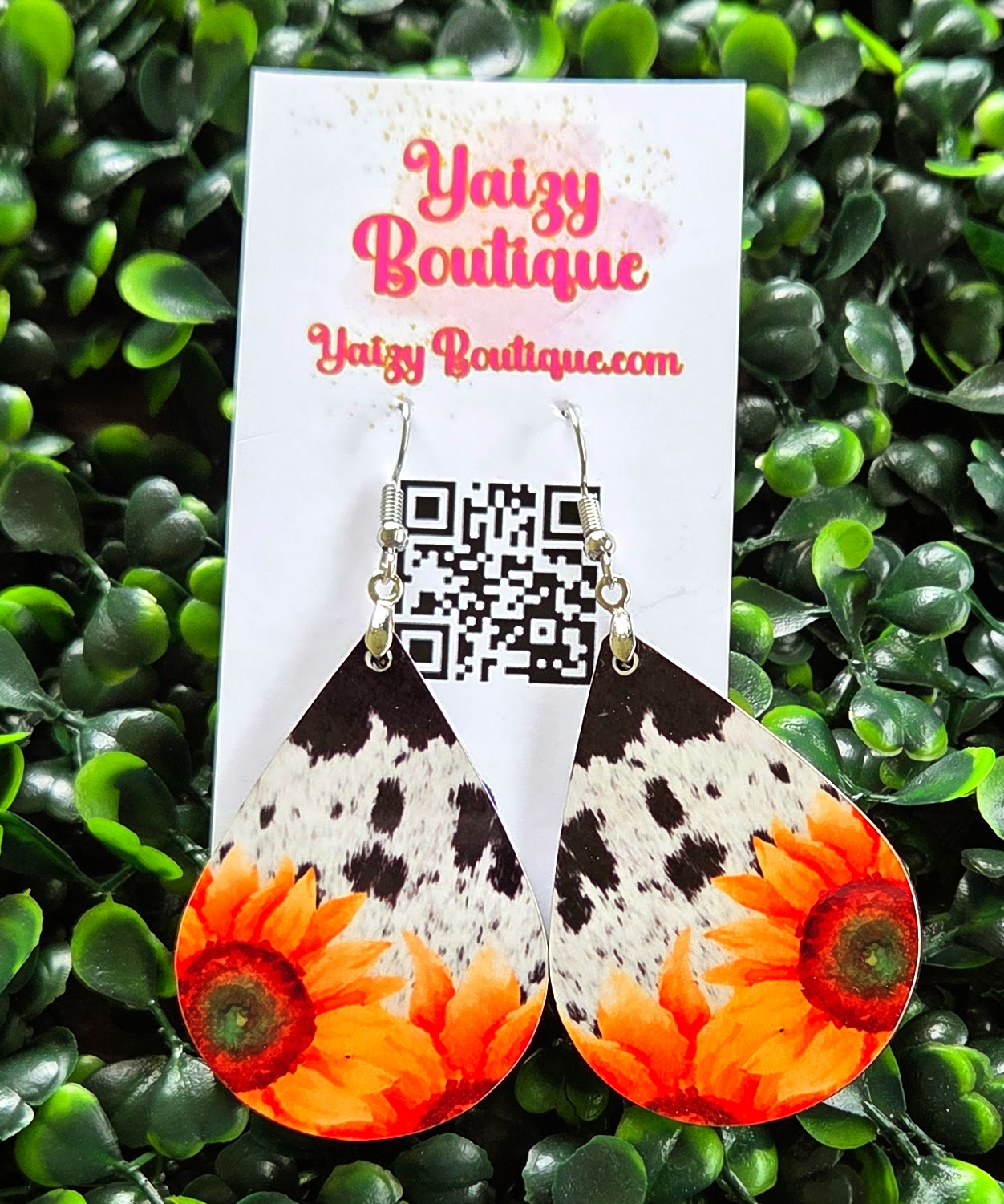 Handmade Sunflower & Cow Print Teardrop Earrings – MDF Wood, Nickel-Free Hooks Yaizy Boutique