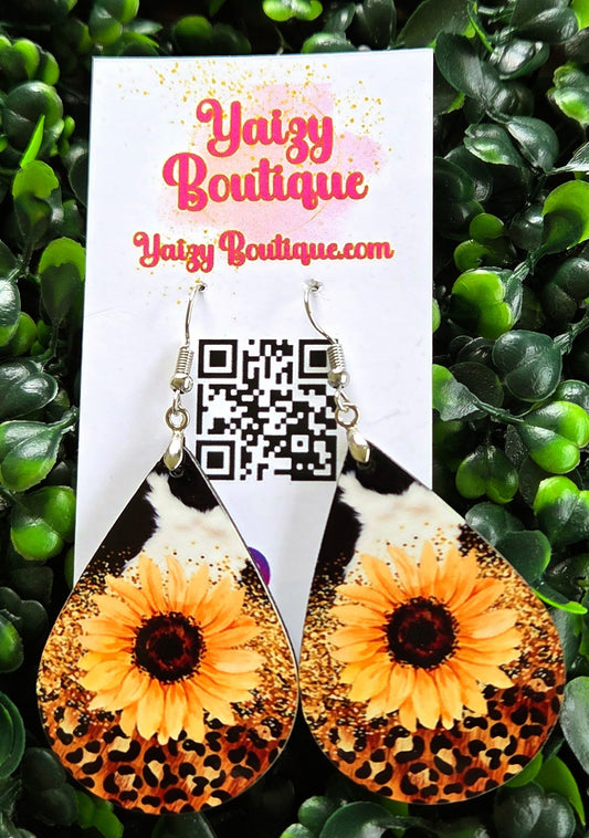 Sunflower & Leopard Print Teardrop Earrings | Handmade Lightweight Jewelry Yaizy Boutique