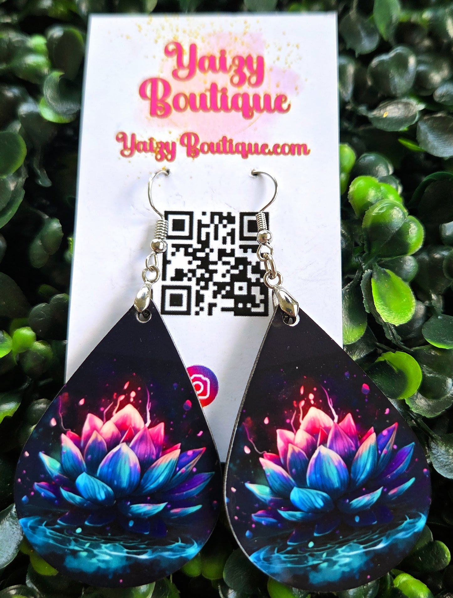 Handmade Lotus Flower Teardrop Earrings | Vibrant Blue & Pink MDF Wood Jewelry | Nickel-Free Stainless Steel Hooks Yaizy Boutique