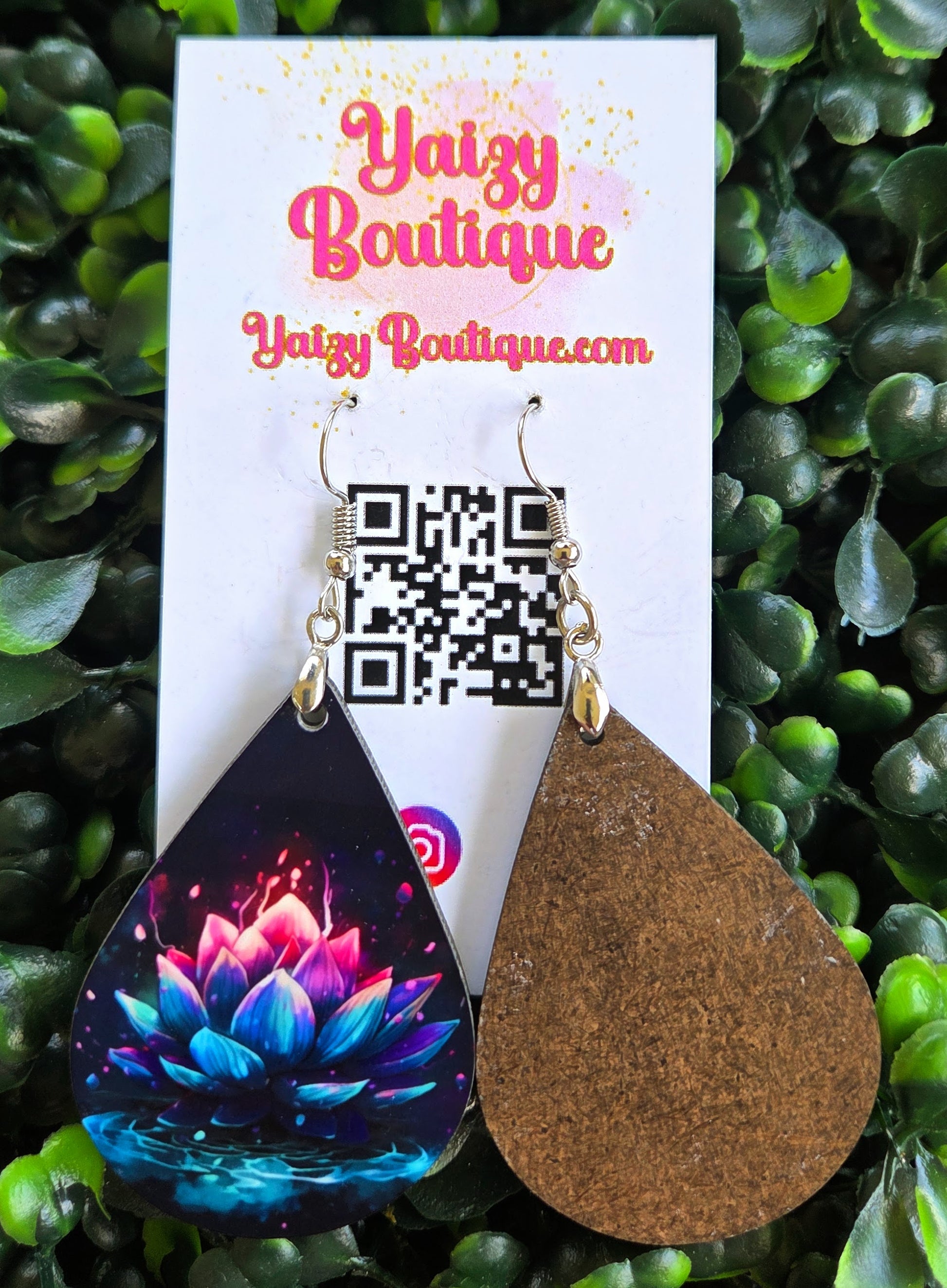 Handmade Lotus Flower Teardrop Earrings | Vibrant Blue & Pink MDF Wood Jewelry | Nickel-Free Stainless Steel Hooks Yaizy Boutique