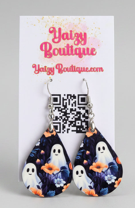 Cute Ghost Garden Halloween Earrings – Floral Wood Dangles Yaizy Boutique