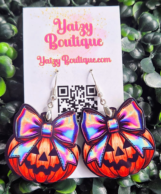Jack O’ Lantern Bow Earrings – Colorful Halloween Pumpkin Wooden Earrings Yaizy Boutique