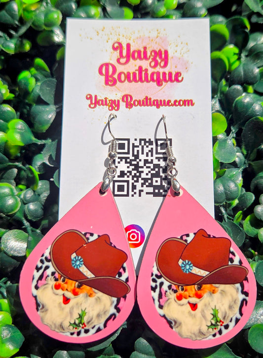 Cowboy Santa Earrings | Western Christmas Earrings | Pink Cowgirl Holiday Jewelry Yaizy Boutique