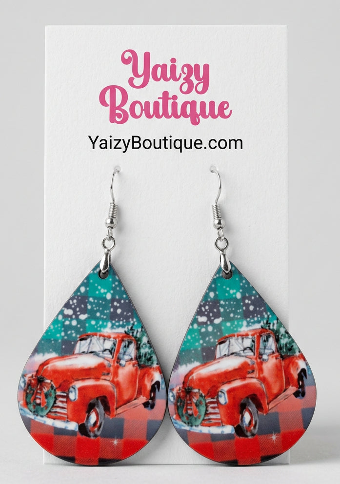 Red Christmas Truck Earrings – Vintage Holiday Teardrop Dangles | Handmade MDF Wood, Nickel-Free Yaizy Boutique