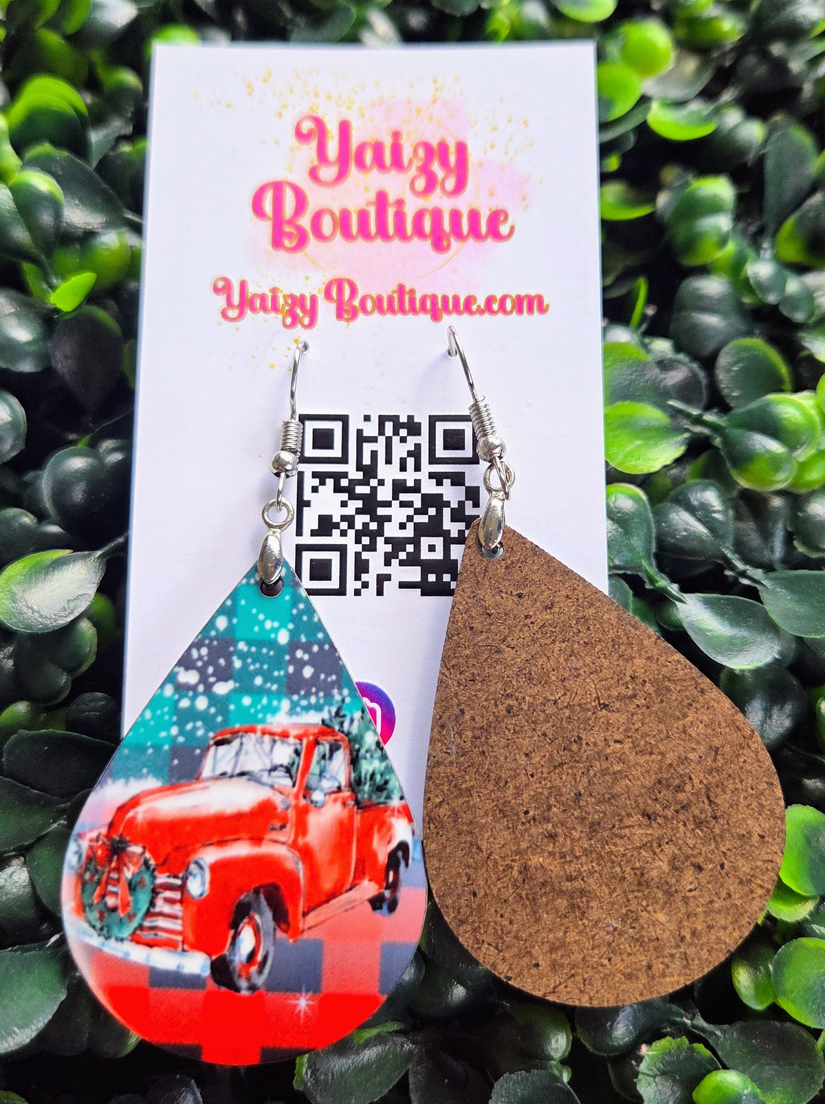 Red Christmas Truck Earrings – Vintage Holiday Teardrop Dangles | Handmade MDF Wood, Nickel-Free Yaizy Boutique