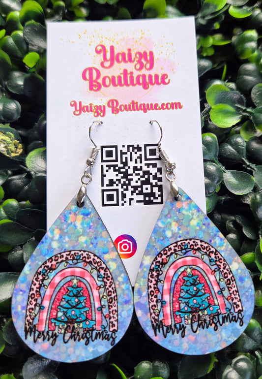 Merry Christmas Rainbow Earrings – Leopard & Plaid Teardrop Dangle | Handmade MDF Wood, Nickel-Free Yaizy Boutique