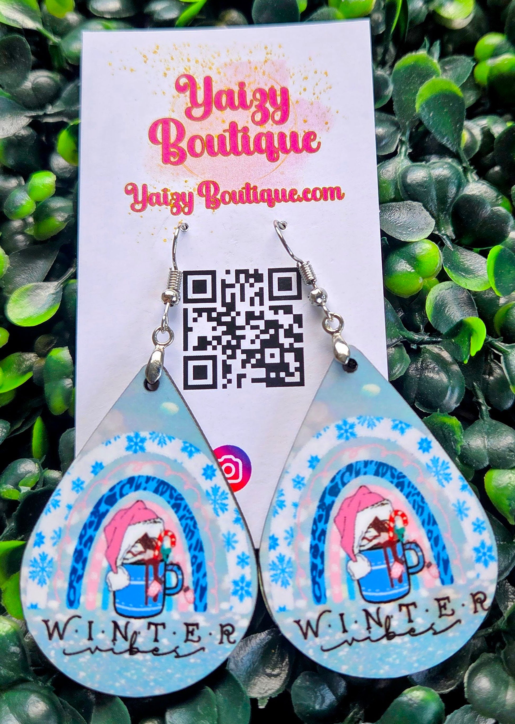 Winter Vibes Earrings – Blue Leopard & Pink Plaid Teardrop Dangle | Handmade MDF Wood, Nickel-Free Yaizy Boutique