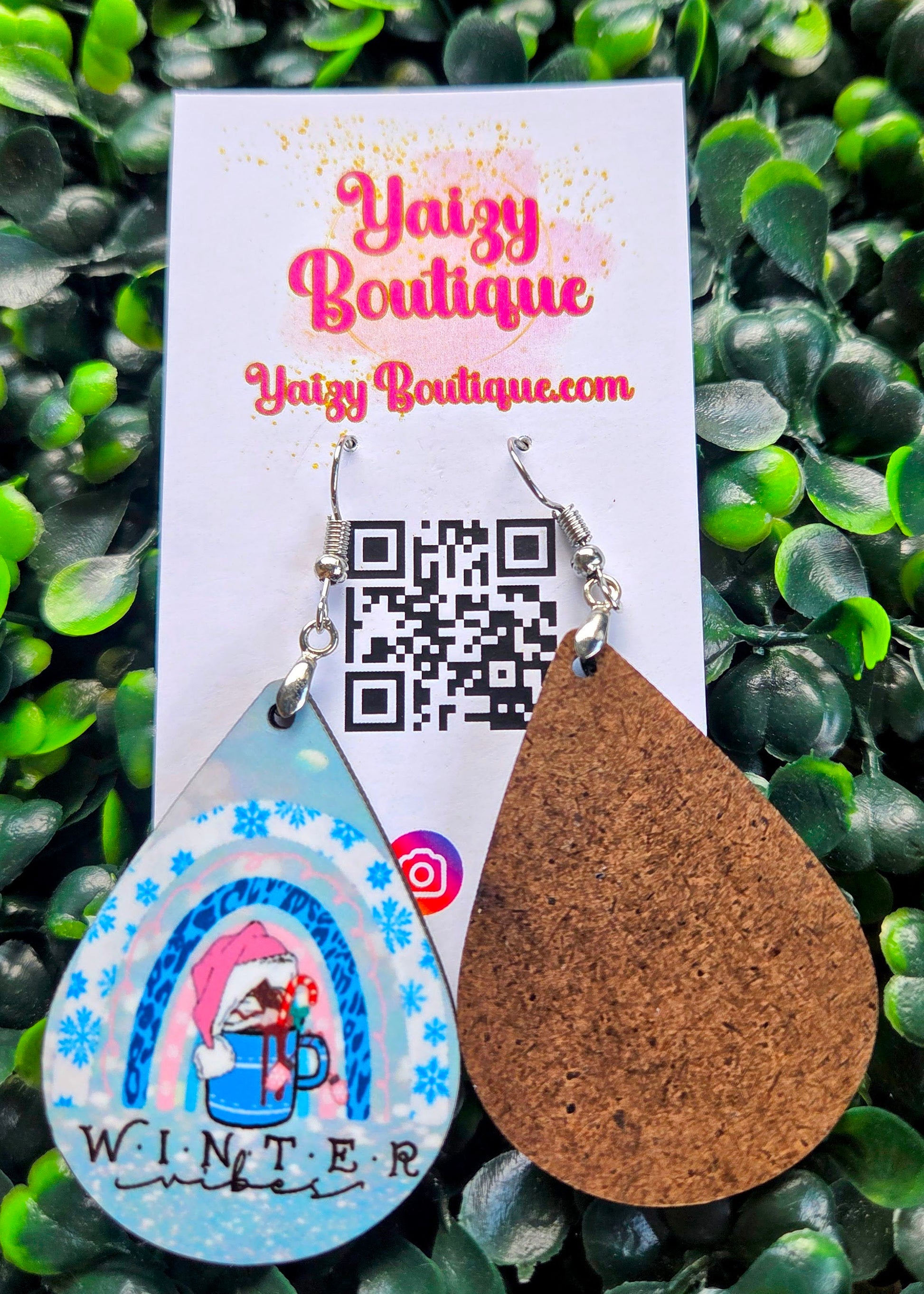 Winter Vibes Earrings – Blue Leopard & Pink Plaid Teardrop Dangle | Handmade MDF Wood, Nickel-Free Yaizy Boutique