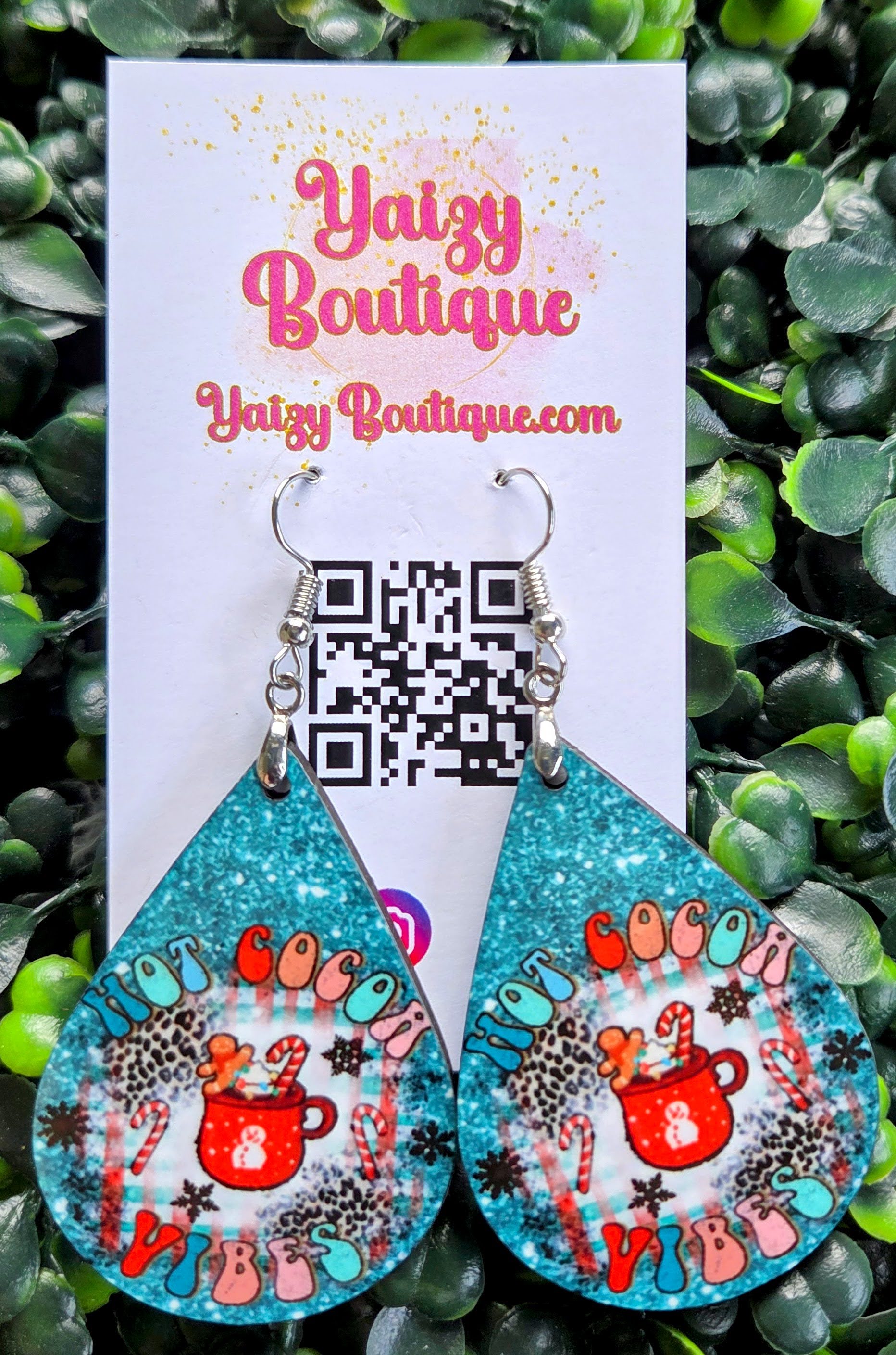 Hot Cocoa Vibes Earrings – Teal Glitter Leopard Teardrop Dangles | Handmade MDF Wood, Nickel-Free Yaizy Boutique