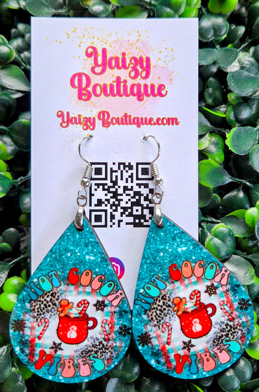 Hot Cocoa Vibes Earrings – Teal Glitter Leopard Teardrop Dangles | Handmade MDF Wood, Nickel-Free Yaizy Boutique