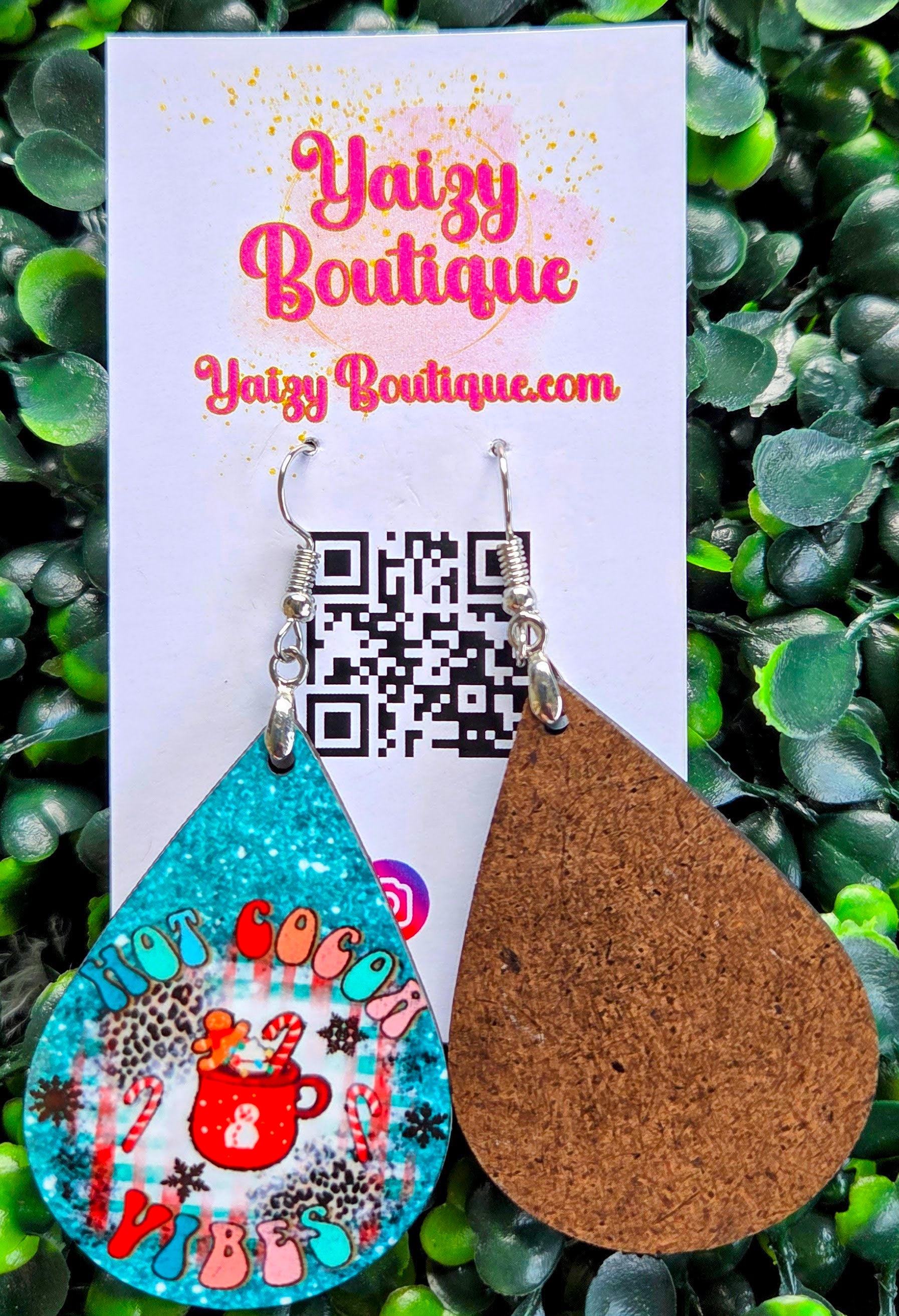 Hot Cocoa Vibes Earrings – Teal Glitter Leopard Teardrop Dangles | Handmade MDF Wood, Nickel-Free Yaizy Boutique