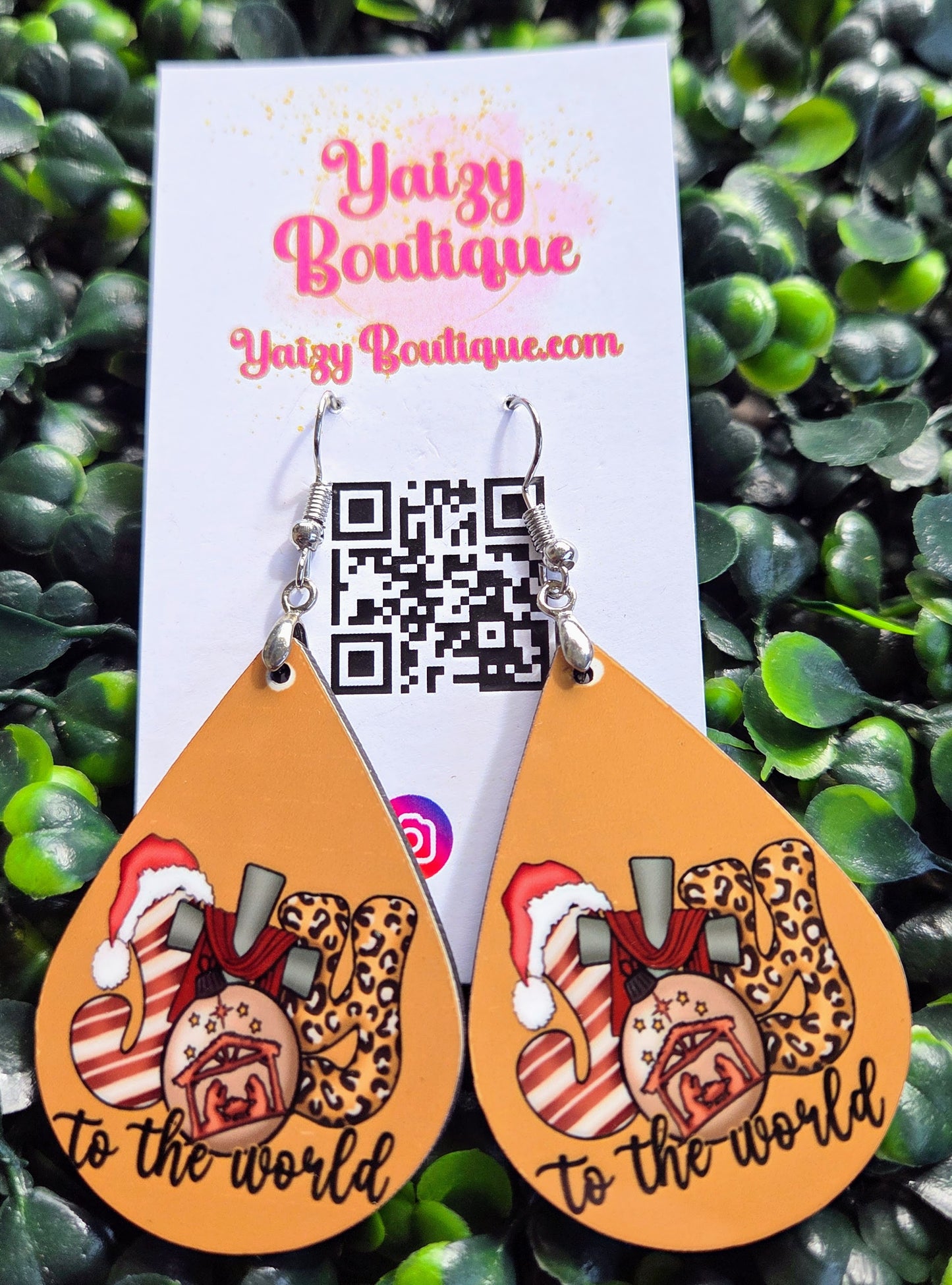 Joy to the World Earrings – Faith & Leopard Christmas Teardrop Dangles | Handmade MDF Wood, Nickel-Free Yaizy Boutique