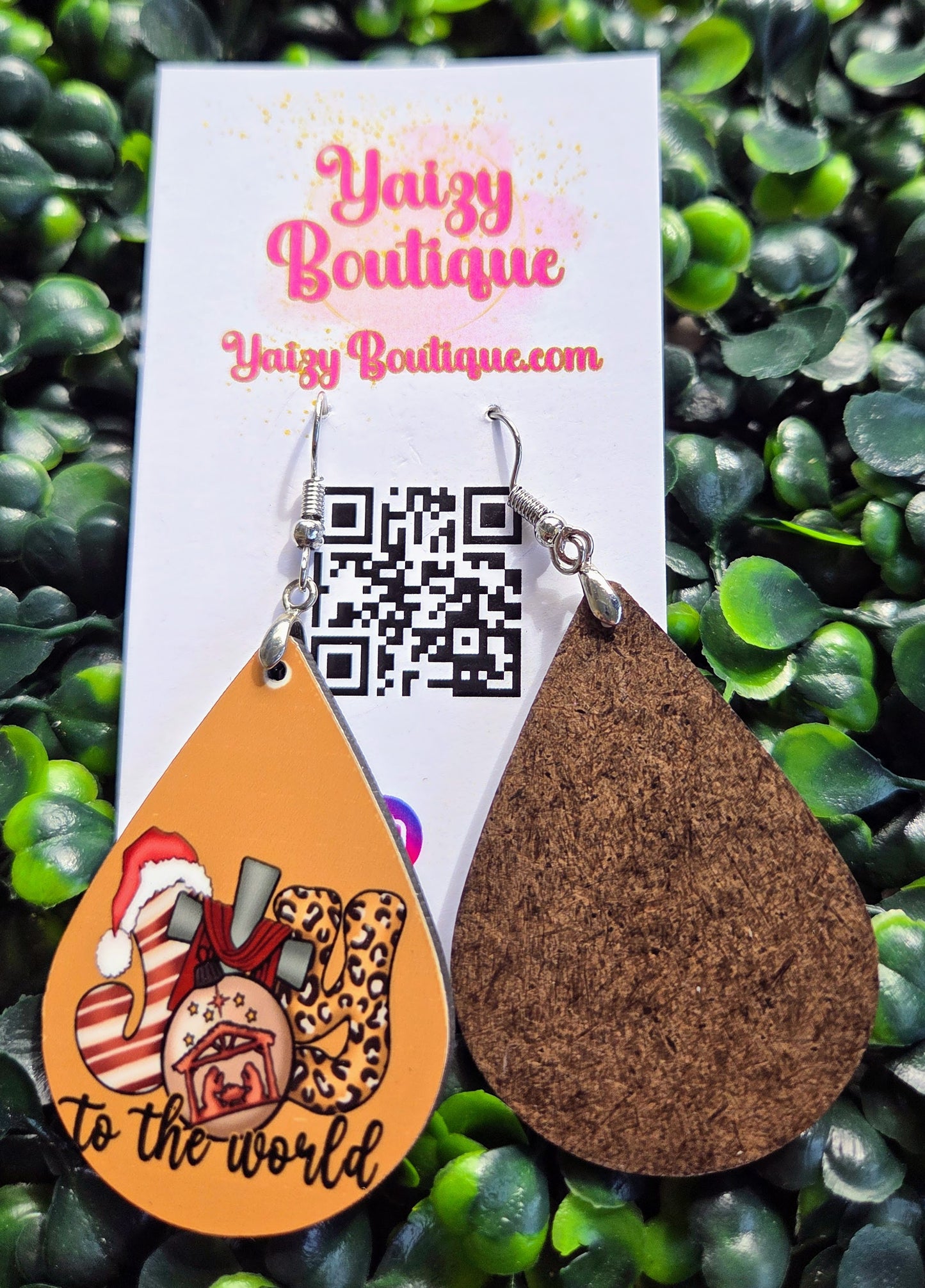 Joy to the World Earrings – Faith & Leopard Christmas Teardrop Dangles | Handmade MDF Wood, Nickel-Free Yaizy Boutique