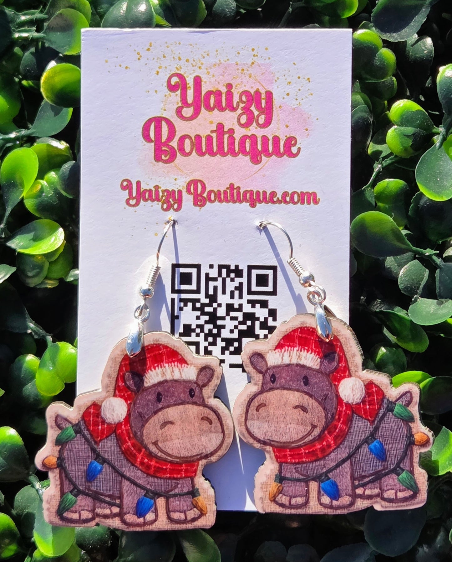 Christmas Hippo Earrings – Holiday MDF Wood Jewelry • Cute Animal Earrings Yaizy Boutique