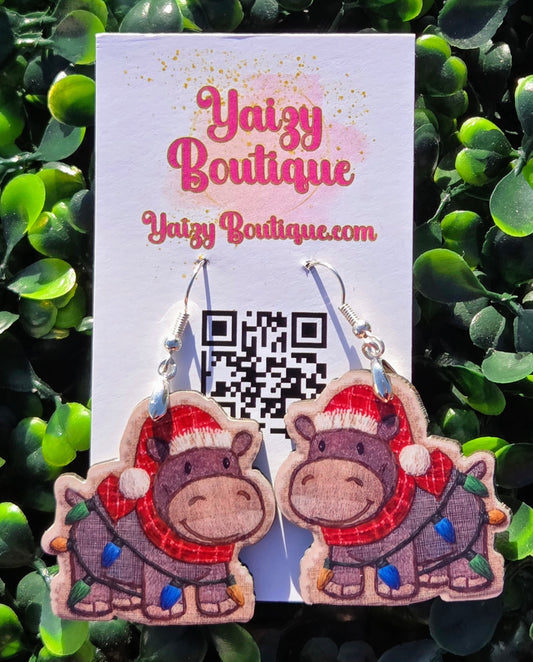 Christmas Hippo Earrings – Holiday MDF Wood Jewelry • Cute Animal Earrings Yaizy Boutique