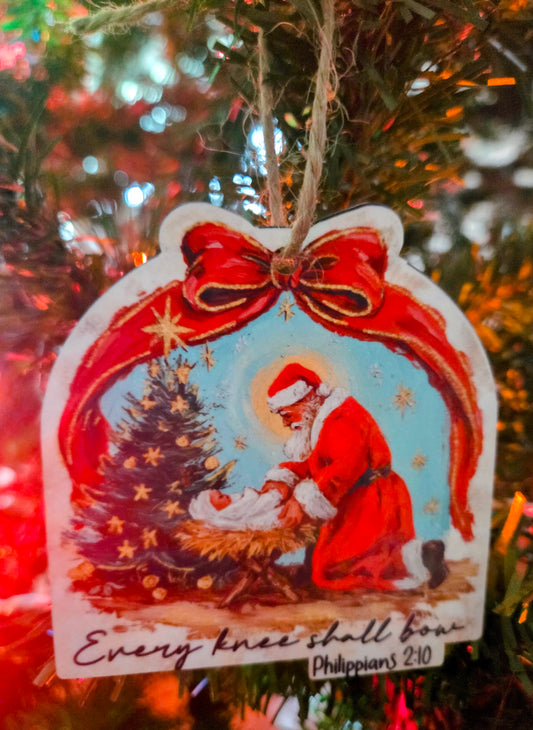 Santa Kneeling at Manger Ornament – “Every Knee Shall Bow” Philippians 2:10 Yaizy Boutique