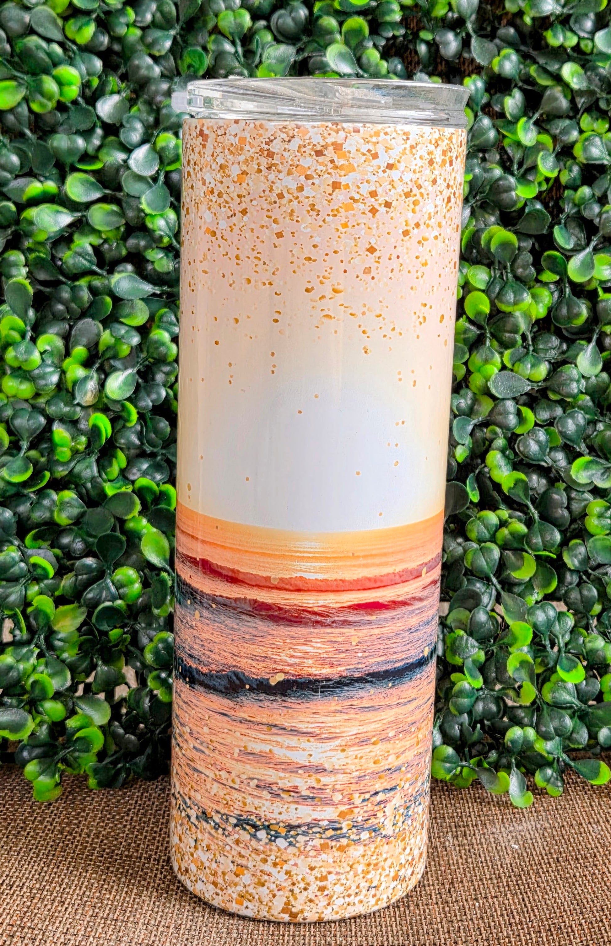 Beach Sunset 20oz Tumbler – Gold Glitter Ocean Stainless Steel Cup Yaizy Boutique