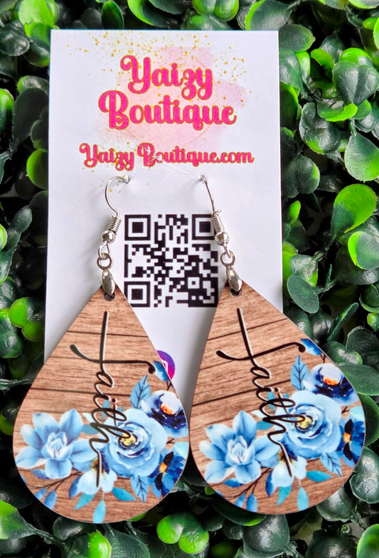 Handmade Faith Teardrop Earrings – Blue Floral Wood Dangle Jewelry | Yaizy Boutique Yaizy Boutique