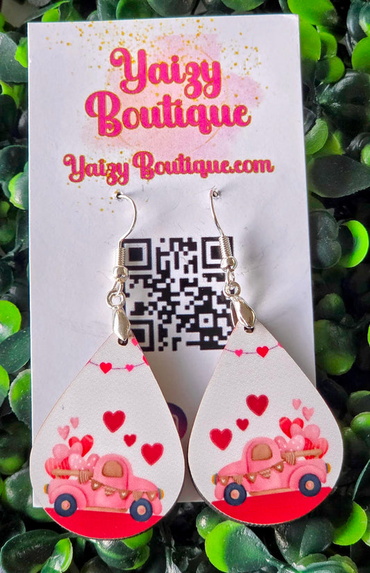 Valentine Love Truck Earrings | Pink Valentine Truck Heart Earrings | Handmade