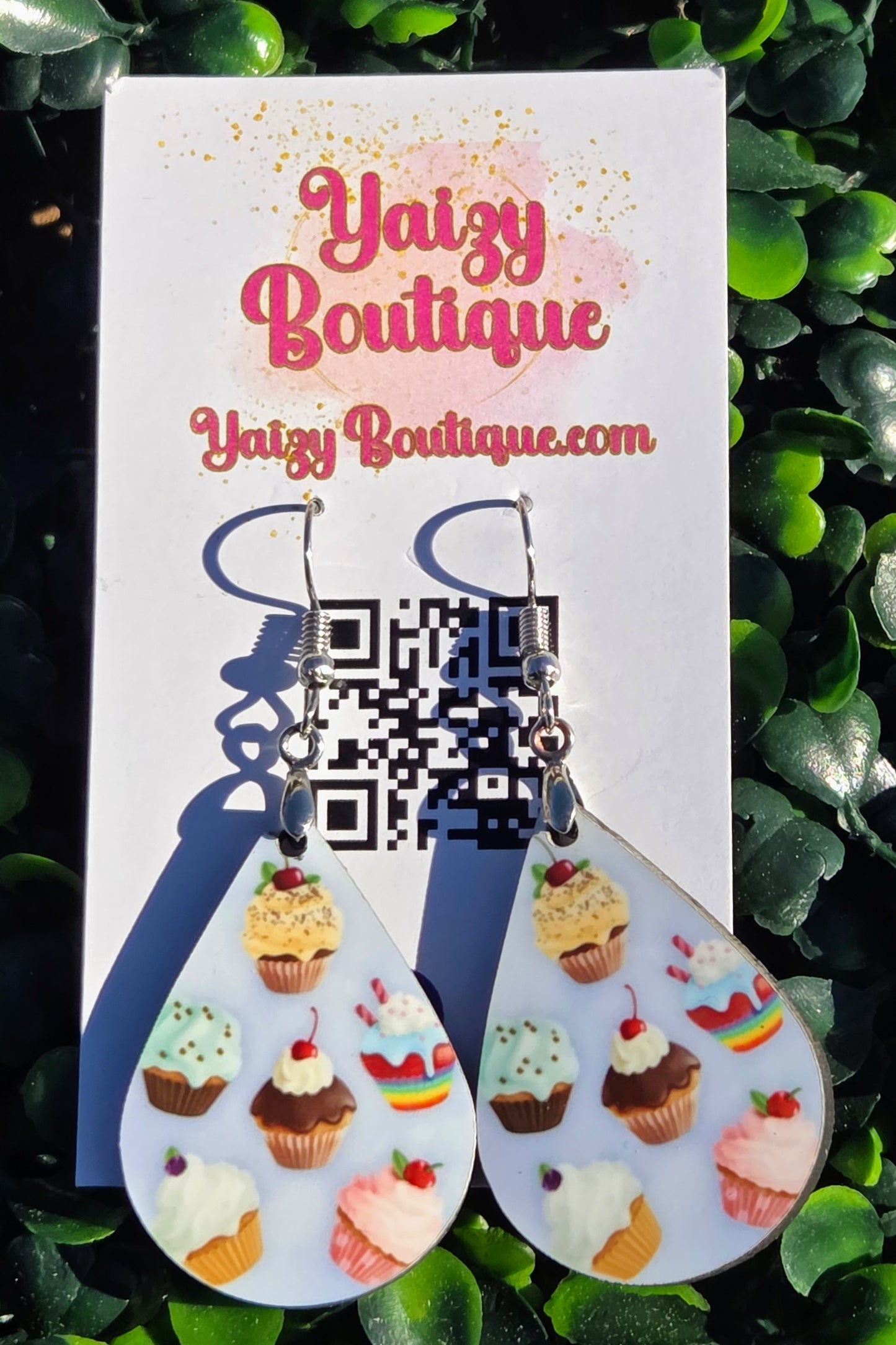 Handmade Cupcake Pattern Teardrop Earrings - Lightweight MDF Wood & Stainless Steel Hooks Yaizy Boutique