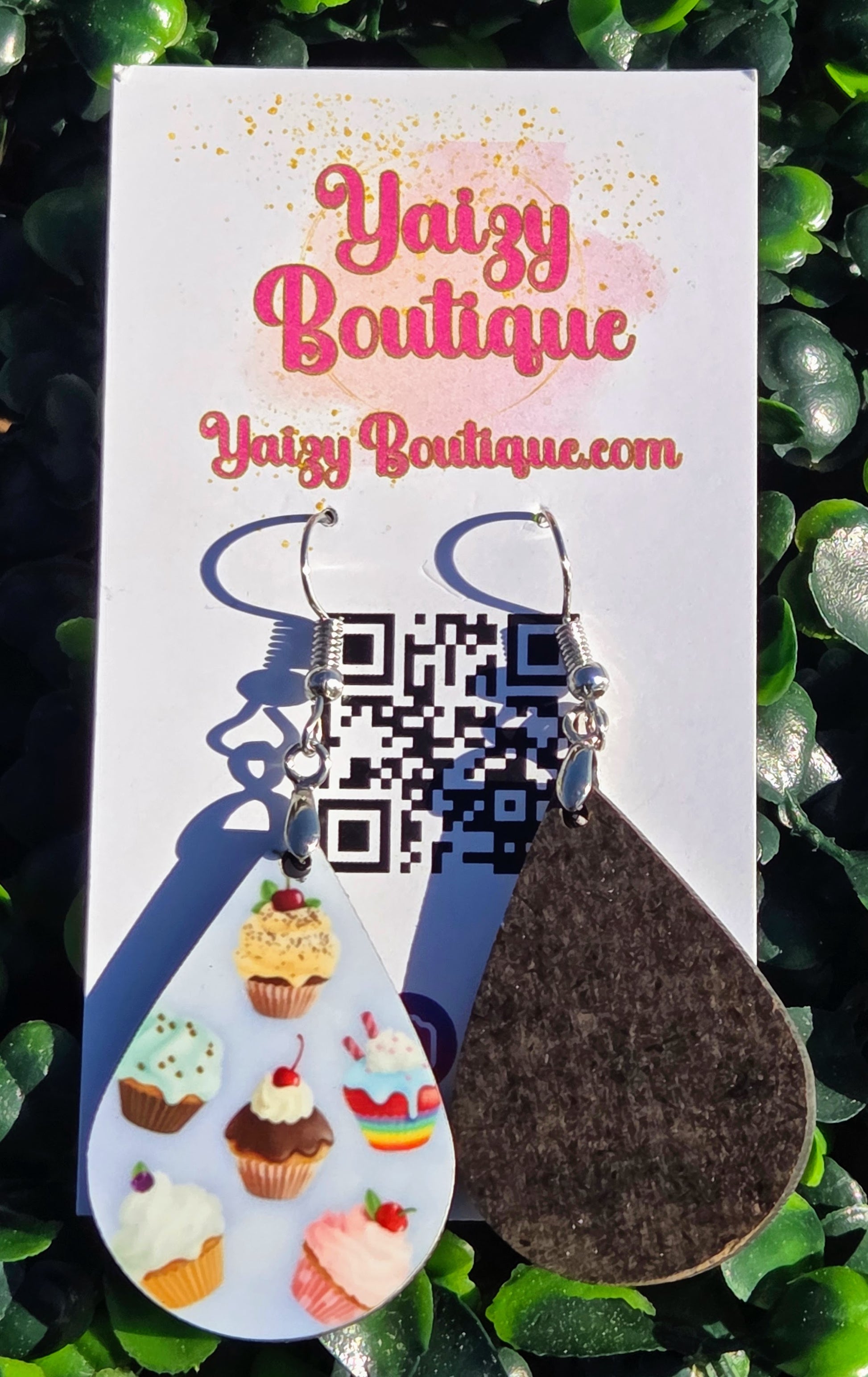 Handmade Cupcake Pattern Teardrop Earrings - Lightweight MDF Wood & Stainless Steel Hooks Yaizy Boutique