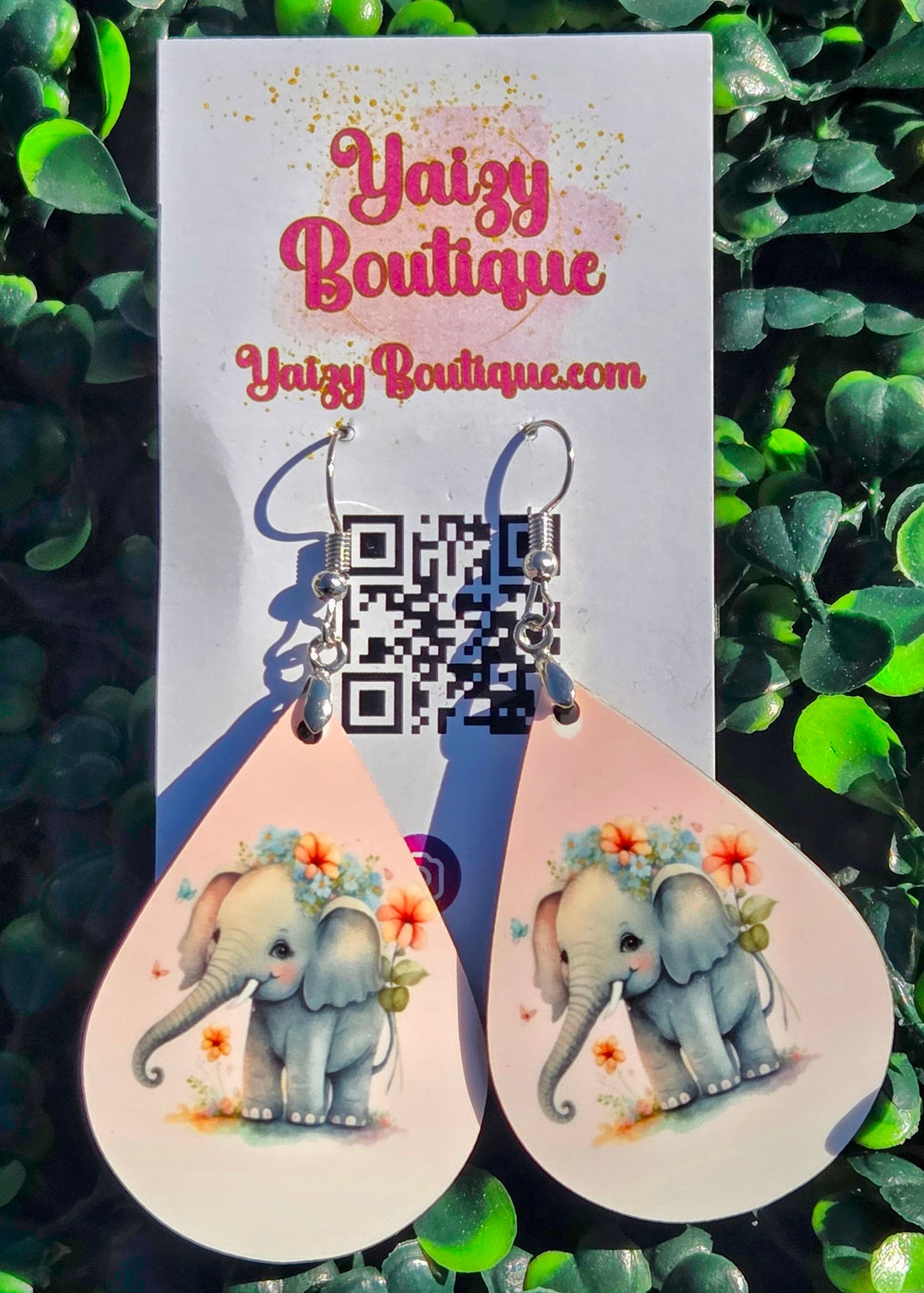 Handmade Baby Elephant Floral Teardrop Earrings - Lightweight MDF Wood & Stainless Steel Hooks Yaizy Boutique