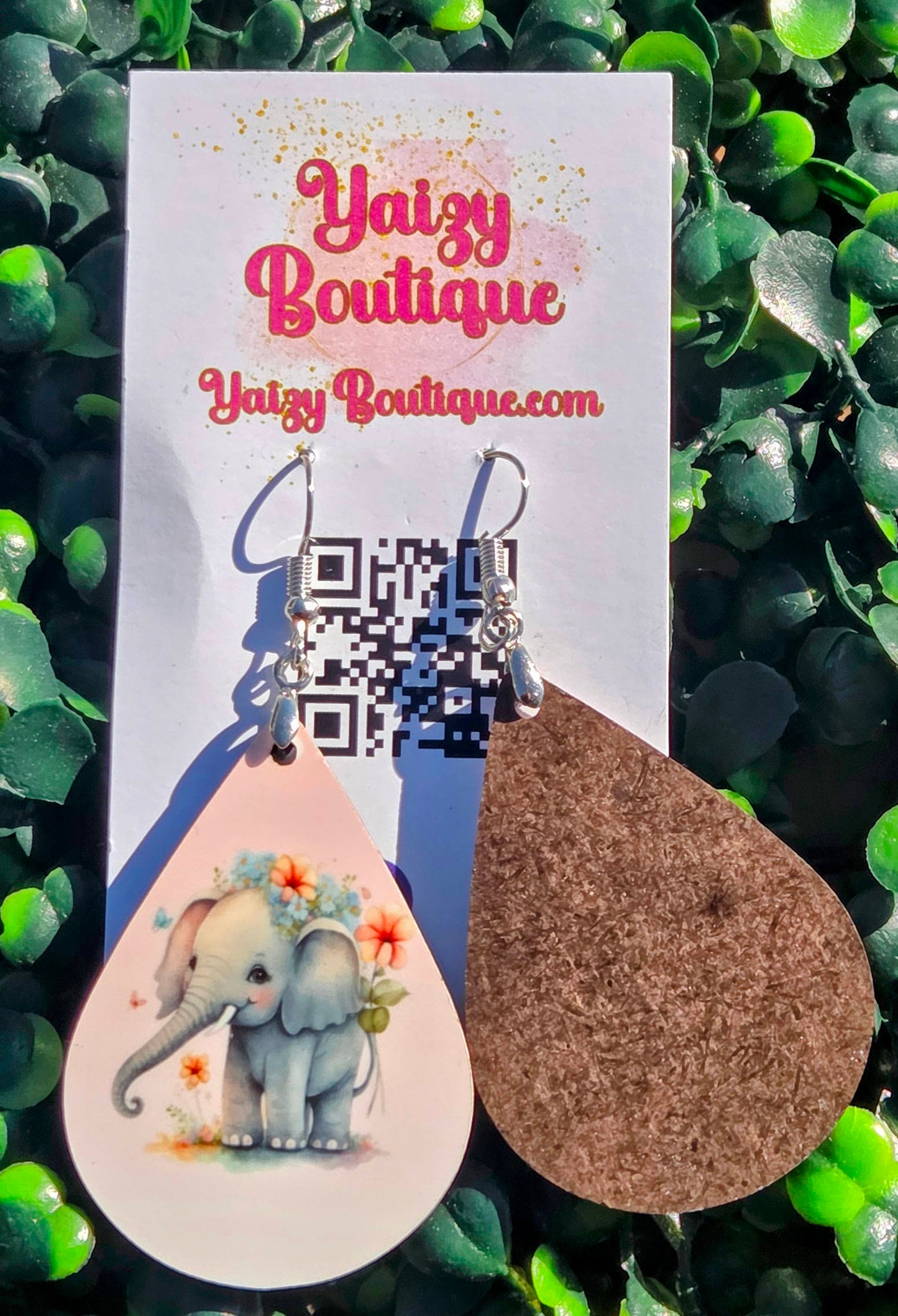 Handmade Baby Elephant Floral Teardrop Earrings - Lightweight MDF Wood & Stainless Steel Hooks Yaizy Boutique