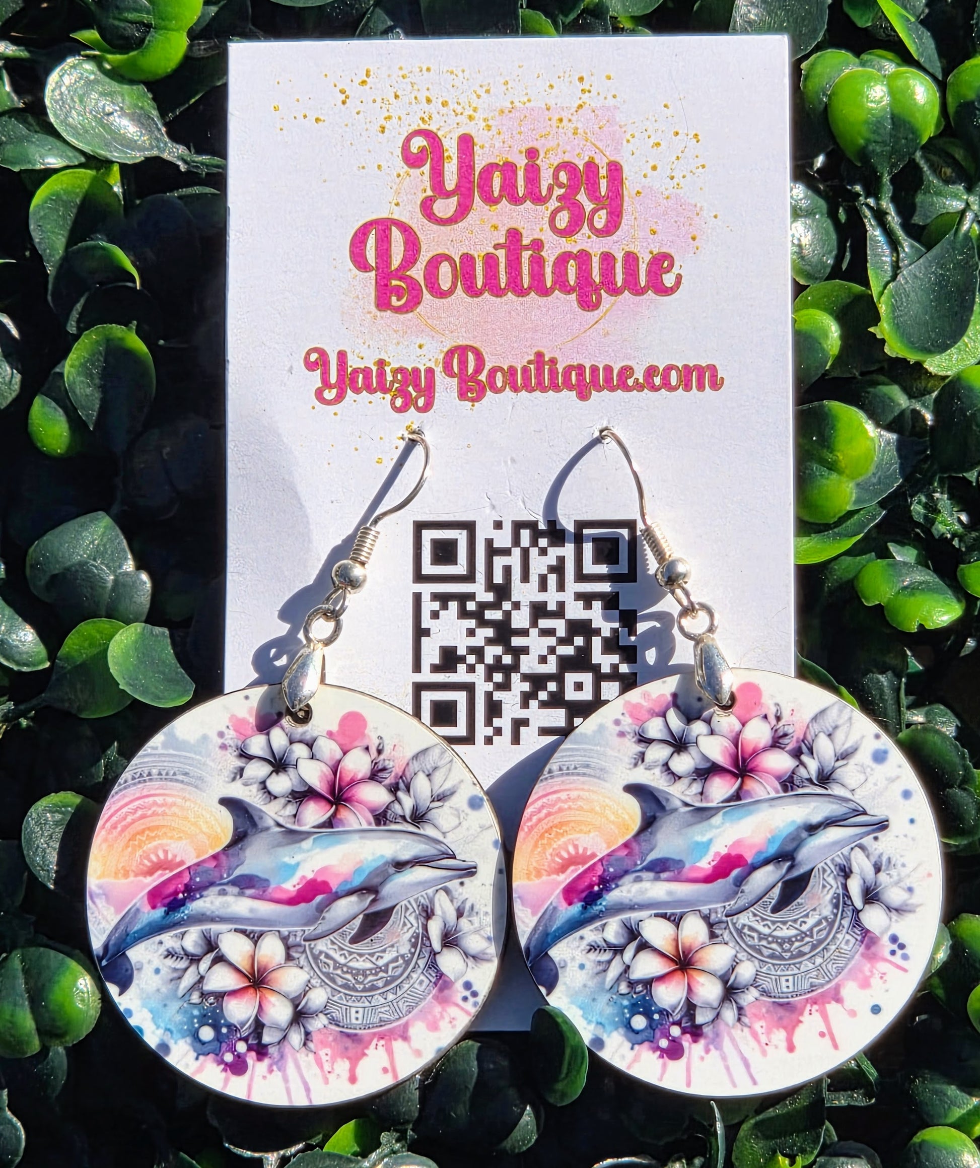 Handmade Tropical Dolphin Circle Earrings - Lightweight MDF Wood with Stainless Steel Hooks Yaizy Boutique