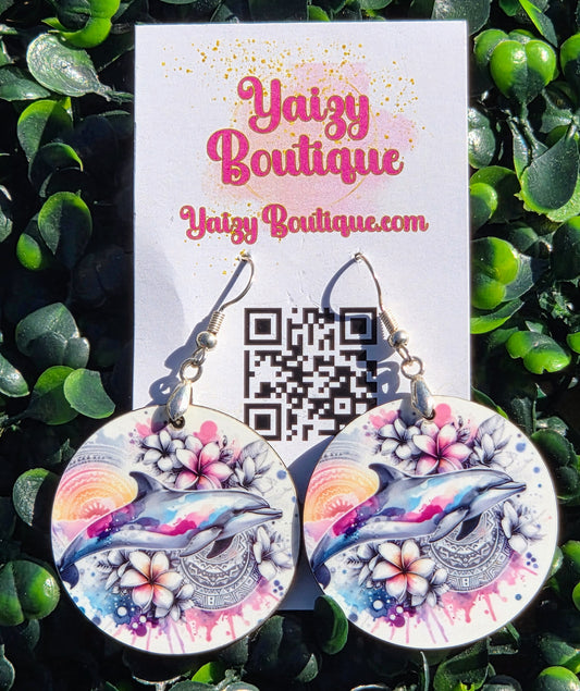 Handmade Tropical Dolphin Circle Earrings - Lightweight MDF Wood with Stainless Steel Hooks Yaizy Boutique