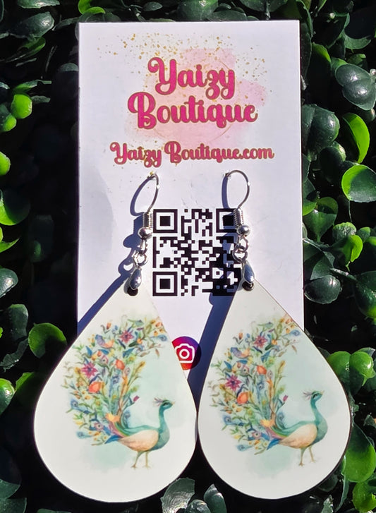 Handmade Peacock Floral Teardrop Earrings - Lightweight MDF Wood & Stainless Steel Hooks Yaizy Boutique