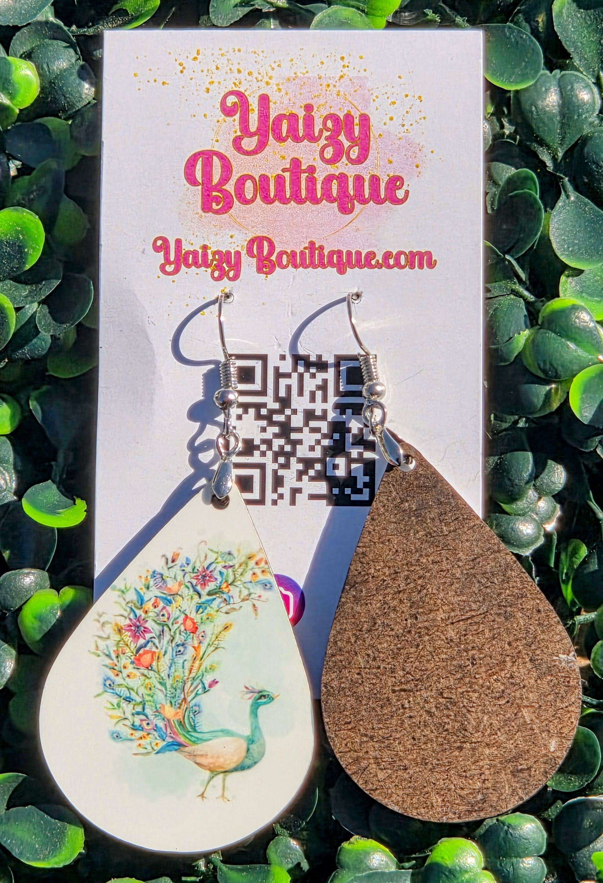 Handmade Peacock Floral Teardrop Earrings - Lightweight MDF Wood & Stainless Steel Hooks Yaizy Boutique